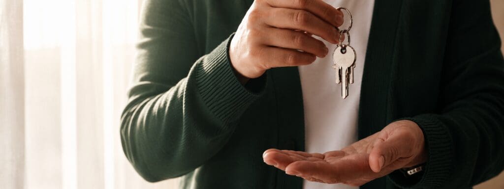 Person handing a set of house keys to another person.