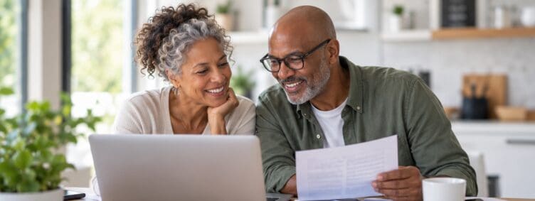 Older couple reviewing financial information together on a laptop at home.