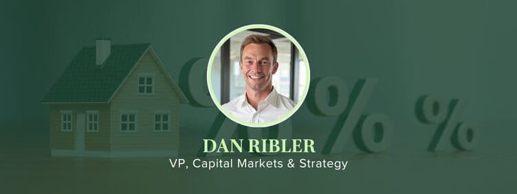 mortgage professional headshot with a house and percentage signs in the background